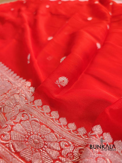 Burnt Orange Allover Silver Zari Buti Banarasi Pure Khaddi Chiffon Saree