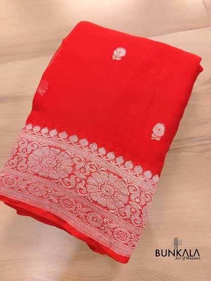 Burnt Orange Allover Silver Zari Buti Banarasi Pure Khaddi Chiffon Saree