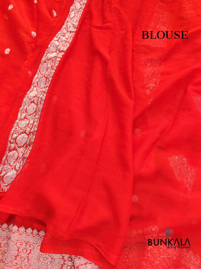 Burnt Orange Allover Silver Zari Buti Banarasi Pure Khaddi Chiffon Saree