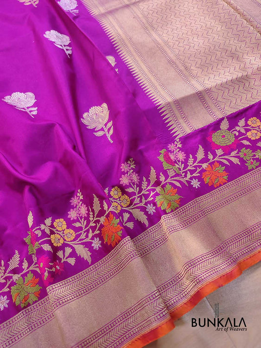 Hot Pink Meenakari Silver Gold Rose Buti Handloom Banarasi Pure Katan Silk Saree