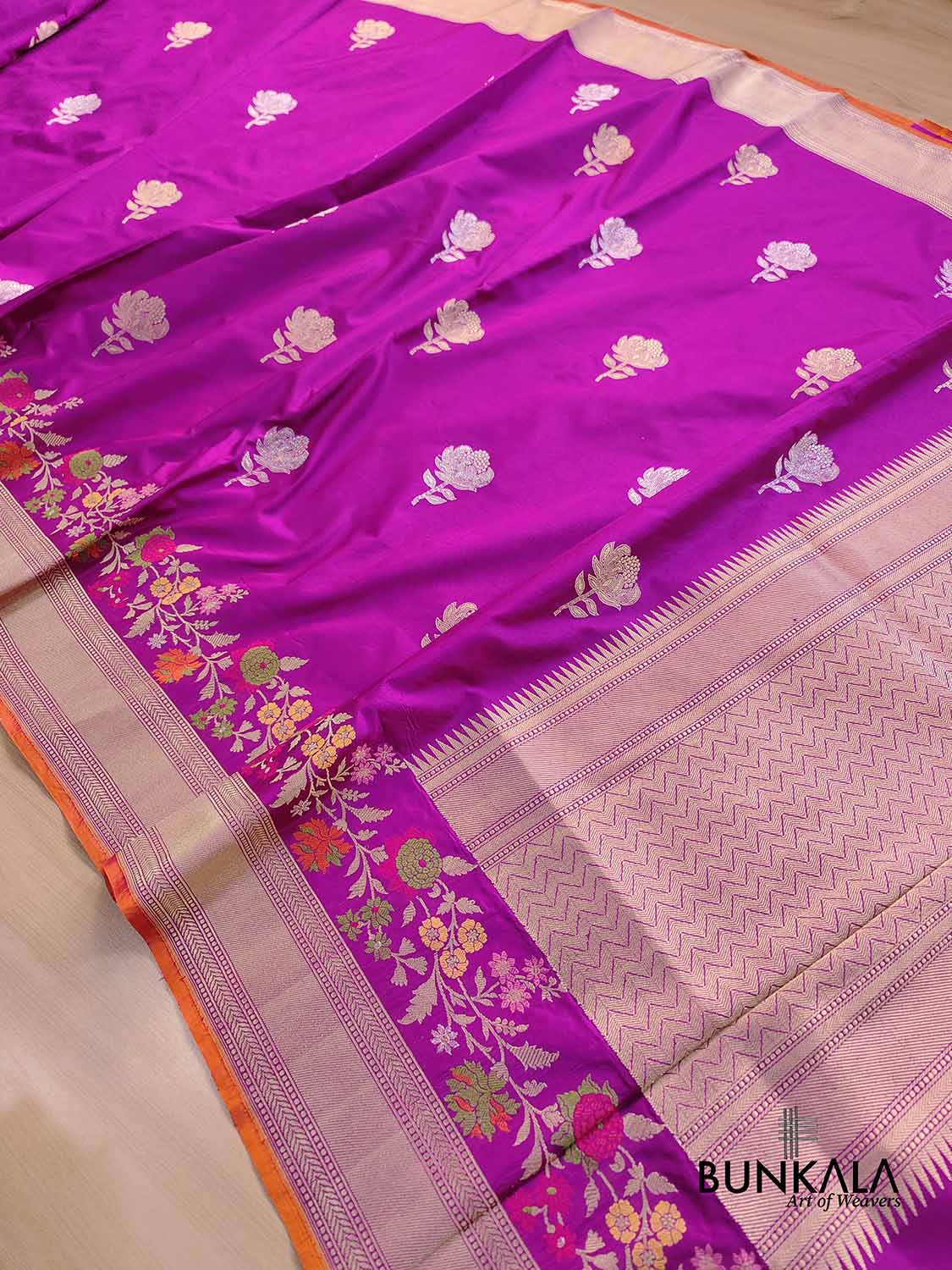 Hot Pink Meenakari Silver Gold Rose Buti Handloom Banarasi Pure Katan Silk Saree