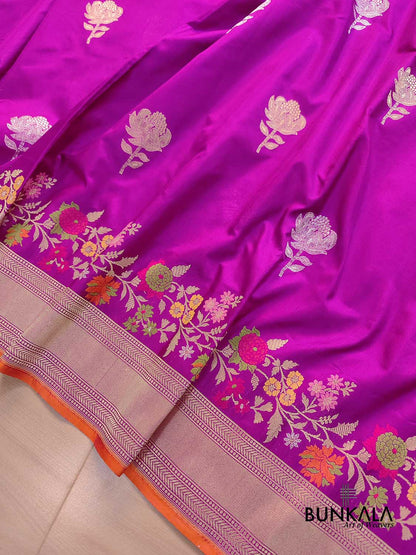 Hot Pink Meenakari Silver Gold Rose Buti Handloom Banarasi Pure Katan Silk Saree