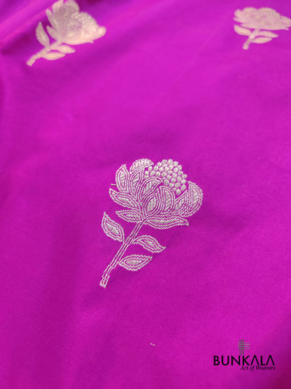 Hot Pink Meenakari Silver Gold Rose Buti Handloom Banarasi Pure Katan Silk Saree