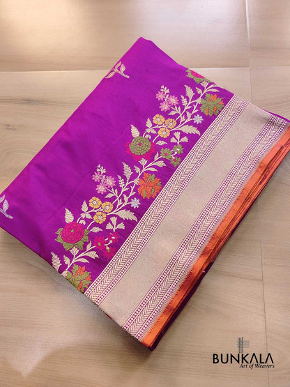 Hot Pink Meenakari Silver Gold Rose Buti Handloom Banarasi Pure Katan Silk Saree