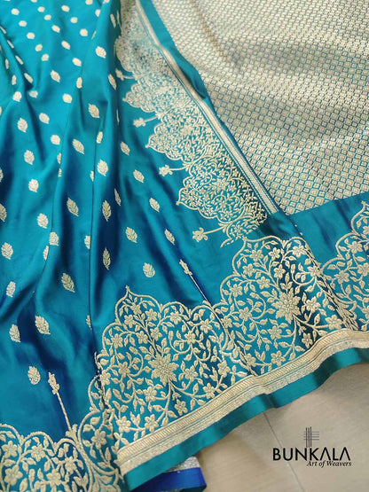 Blue Jharokha Border Handloom Banarasi Pure Mashru Satin Saree