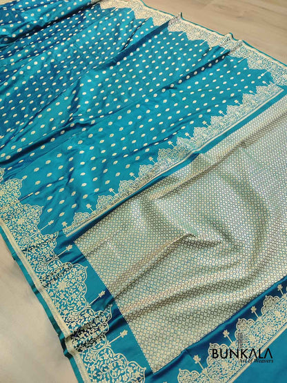 Blue Jharokha Border Handloom Banarasi Pure Mashru Satin Saree