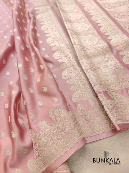 Peach Pink Paisley Border Handloom Banarasi Pure Mashru Satin Saree