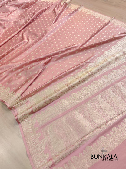 Peach Pink Paisley Border Handloom Banarasi Pure Mashru Satin Saree