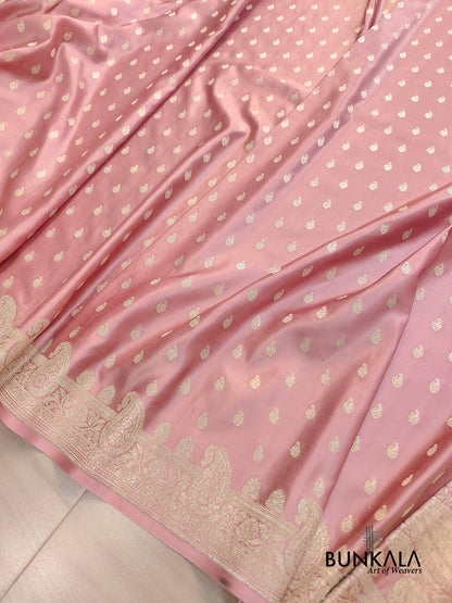 Peach Pink Paisley Border Handloom Banarasi Pure Mashru Satin Saree