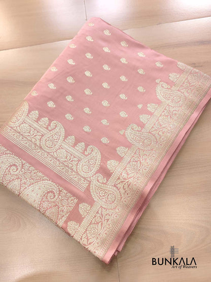 Peach Pink Paisley Border Handloom Banarasi Pure Mashru Satin Saree
