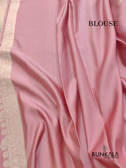 Peach Pink Paisley Border Handloom Banarasi Pure Mashru Satin Saree