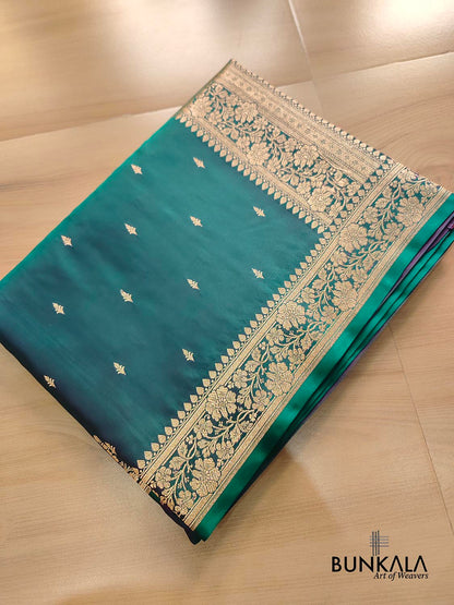 Double Shed Green Small Buti Weaved Banarasi Mashru Silk Floral Border Saree