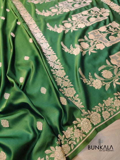 Mehendi Green Buti Weaved Banarasi Mashru Silk Floral Border Saree