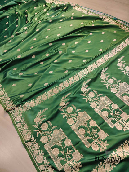 Mehendi Green Buti Weaved Banarasi Mashru Silk Floral Border Saree