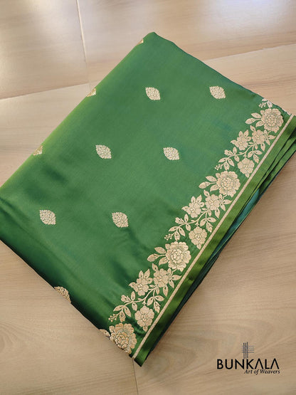 Mehendi Green Buti Weaved Banarasi Mashru Silk Floral Border Saree