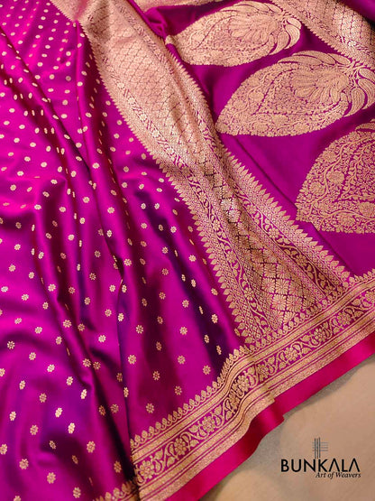 Hot Pink Small Flower Buti Weaved Banarasi Mashru Silk Floral Border Saree