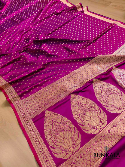 Hot Pink Small Flower Buti Weaved Banarasi Mashru Silk Floral Border Saree