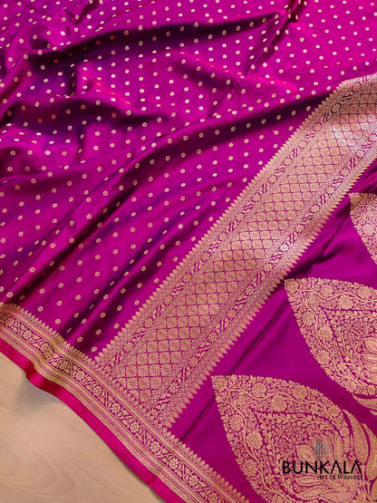 Hot Pink Small Flower Buti Weaved Banarasi Mashru Silk Floral Border Saree