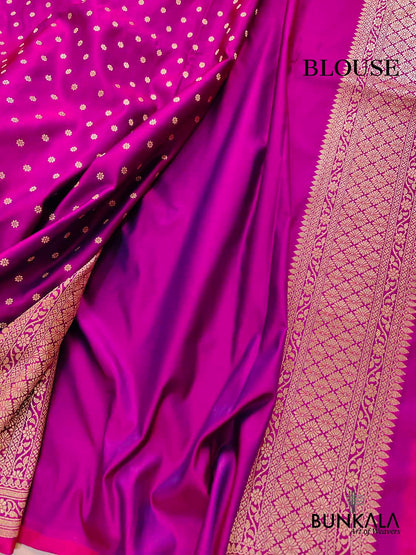 Hot Pink Small Flower Buti Weaved Banarasi Mashru Silk Floral Border Saree