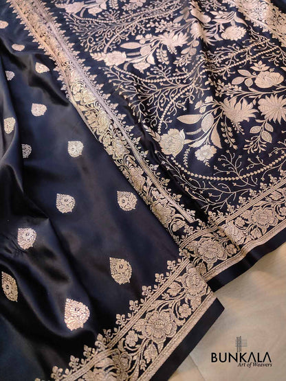 Jet Black Buta Weaved Banarasi Mashru Silk Floral Border Saree 