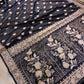 Jet Black Buta Weaved Banarasi Mashru Silk Floral Border Saree 