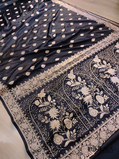 Jet Black Buta Weaved Banarasi Mashru Silk Floral Border Saree 
