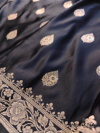 Jet Black Buta Weaved Banarasi Mashru Silk Floral Border Saree 