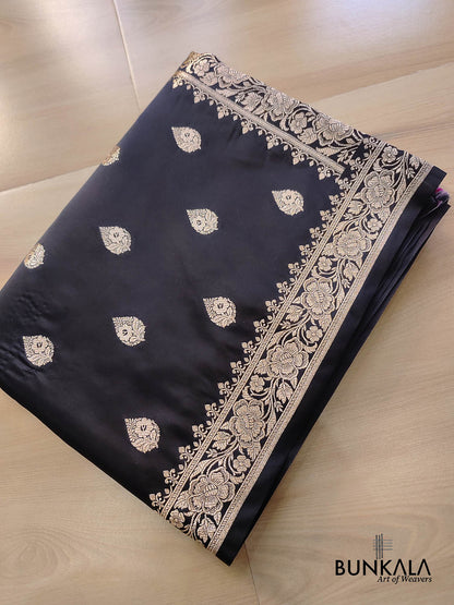 Jet Black Buta Weaved Banarasi Mashru Silk Floral Border Saree 