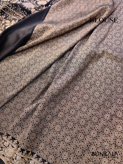 Jet Black Buta Weaved Banarasi Mashru Silk Floral Border Saree 