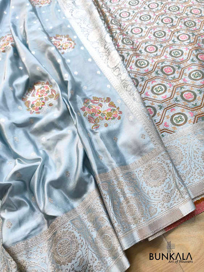 Pastel Blue Floral Meenakari Buta Banarasi Mashru Silk Saree