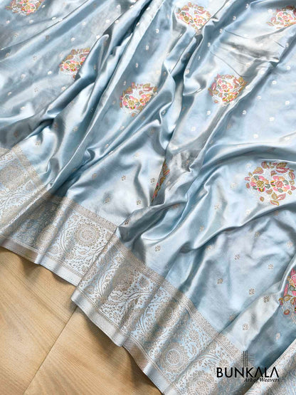 Pastel Blue Floral Meenakari Buta Banarasi Mashru Silk Saree