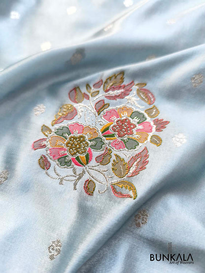 Pastel Blue Floral Meenakari Buta Banarasi Mashru Silk Saree