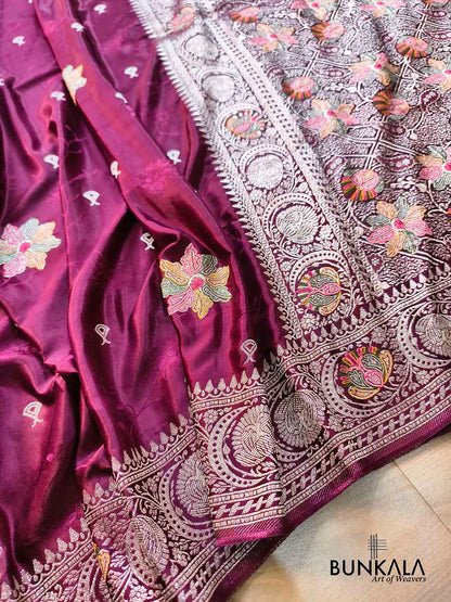Burgundy Maroon Flower Meena Buta Banarasi Mashru Silk Saree
