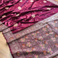 Burgundy Maroon Flower Meena Buta Banarasi Mashru Silk Saree