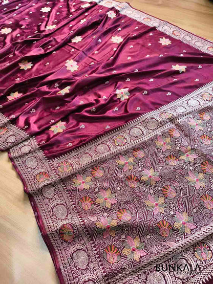 Burgundy Maroon Flower Meena Buta Banarasi Mashru Silk Saree