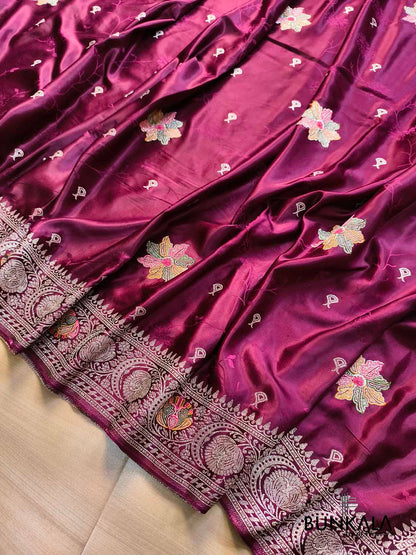 Burgundy Maroon Flower Meena Buta Banarasi Mashru Silk Saree