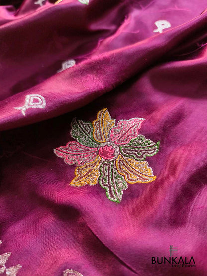 Burgundy Maroon Flower Meena Buta Banarasi Mashru Silk Saree