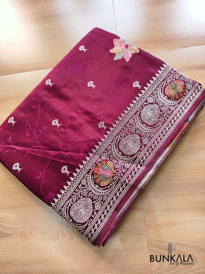 Burgundy Maroon Flower Meena Buta Banarasi Mashru Silk Saree