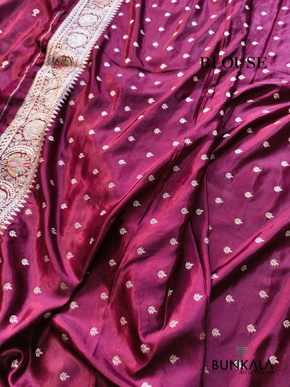 Burgundy Maroon Flower Meena Buta Banarasi Mashru Silk Saree