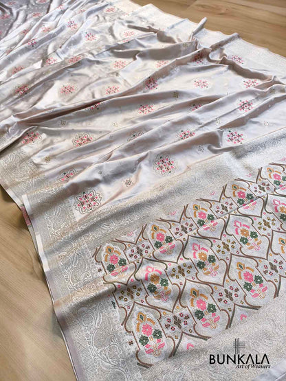 Pastel Ivory Meenakari Buta Banarasi Mashru Silk Saree