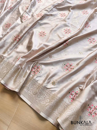 Pastel Ivory Meenakari Buta Banarasi Mashru Silk Saree
