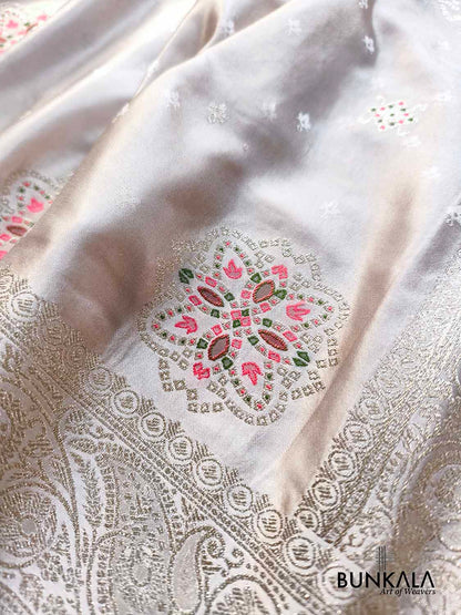Pastel Ivory Meenakari Buta Banarasi Mashru Silk Saree