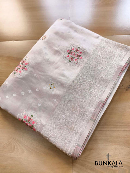 Pastel Ivory Meenakari Buta Banarasi Mashru Silk Saree