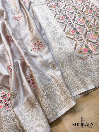 Pastel Ivory Meenakari Buta Banarasi Mashru Silk Saree