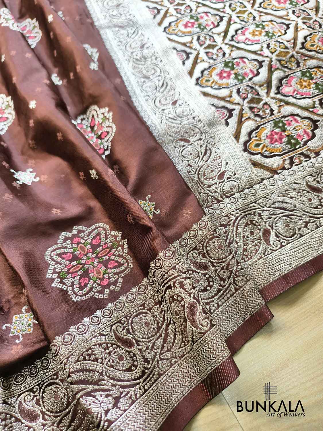 Brown Meenakari Buta Banarasi Mashru Silk Saree