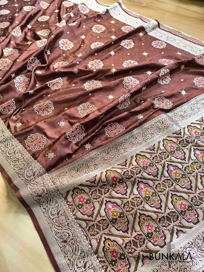 Brown Meenakari Buta Banarasi Mashru Silk Saree