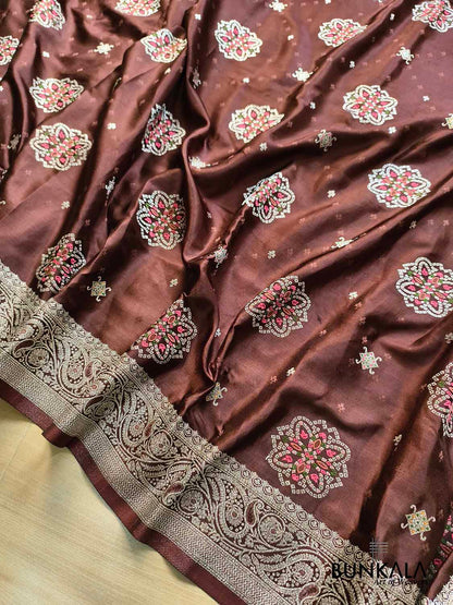 Brown Meenakari Buta Banarasi Mashru Silk Saree