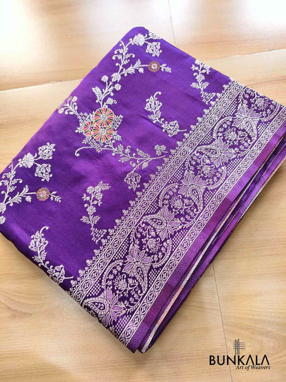 Purple Floral Jaal Meenakari Banarasi Mashru Silk Saree