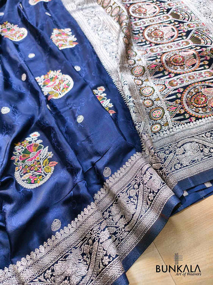 Midnight Blue Flower Meenakari Buta Banarasi Mashru Silk Saree