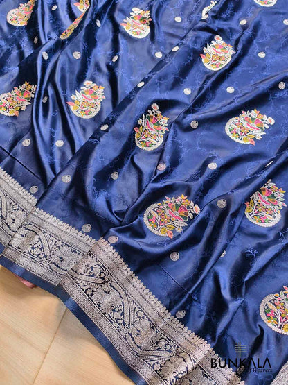 Midnight Blue Flower Meenakari Buta Banarasi Mashru Silk Saree